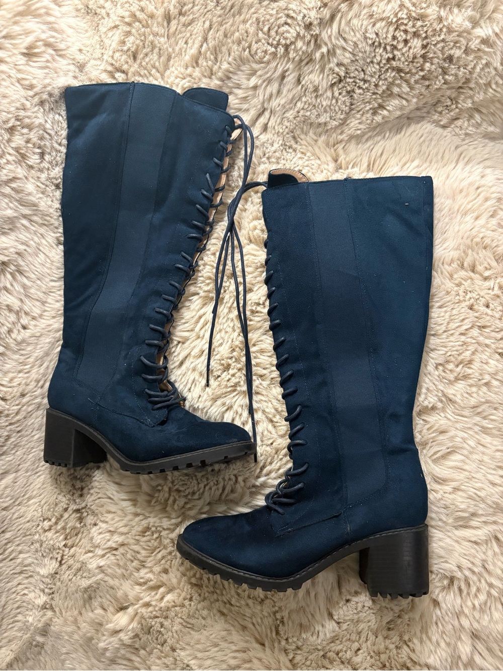 Navy Blue Velvet Lace-up Boots - Brand New